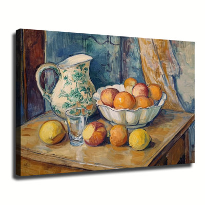 «Fruit and Pitcher Still Life Impressionist», peinture à l'huile sur toile tendue pour grand salon