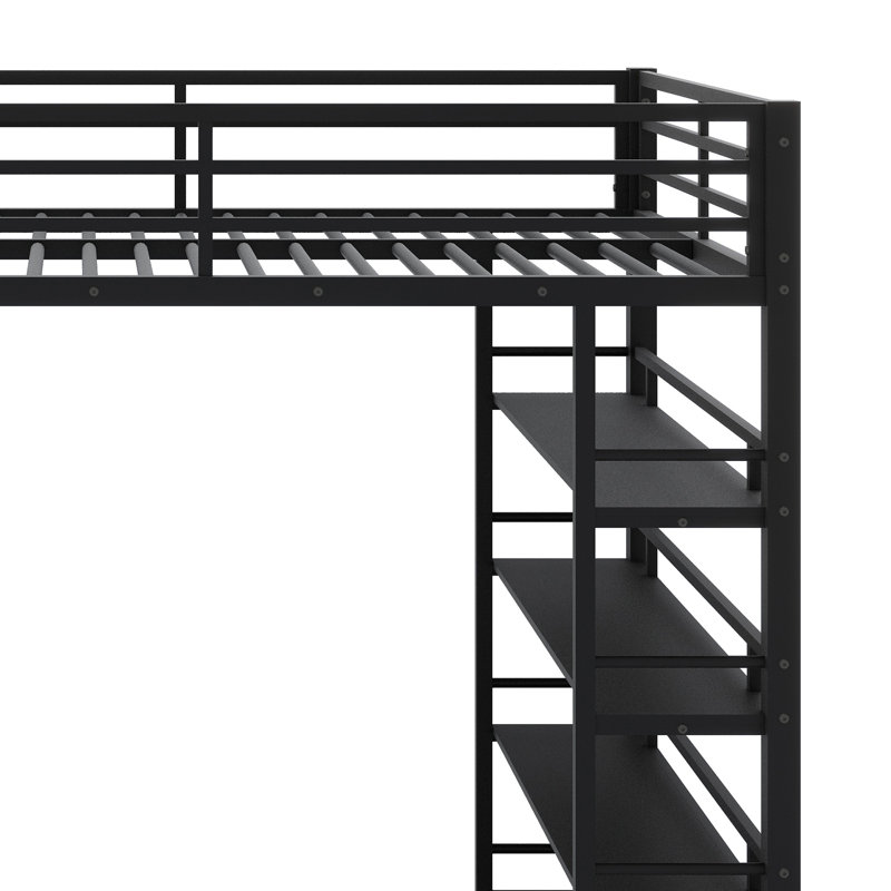 Lit mezzanine avec tablettes de rangement intégrées, armoires et garde-robe