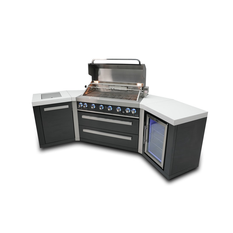 Mont Alpi Mai805-bss45fc 44-inch 6-burner 115000 Btu 45 Degree Black Stainless Steel Gas Outdoor Kitchen Bar Island Grill With Fridge Cabinet + Infrared Side & Rear Burner