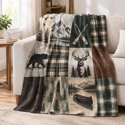 Couverture de patchwork 1 pièce Animaux de la forêt – Ours, cerf, paysage de montagne et de lac ; accents à carreaux rustiques. Douce et confortable pour le divan et le lit. Décoration idéale pour les amoureux de la nature. Entretien facile, lavable à la machine. Convient à toutes les saisons. Une pièce unique.