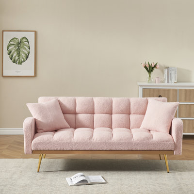 69 Inch Adjustable Sofa Bed In Pink With Teddy Texture For Small Spaces, Comfort And Style Combined