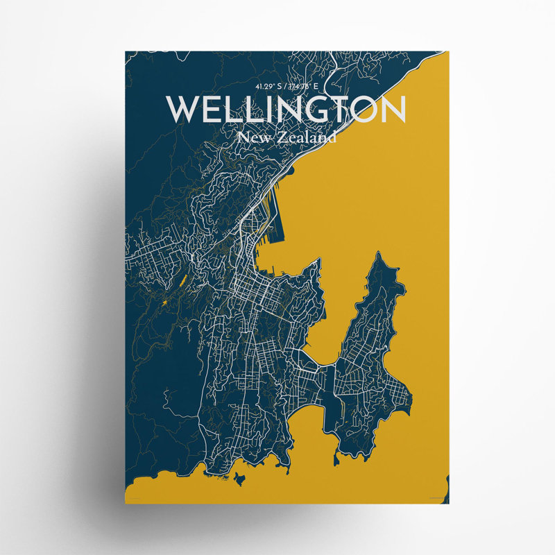 Wellington, carte de la ville, impression, H 27,6 po x l 19,7 po, Bleu / jaune