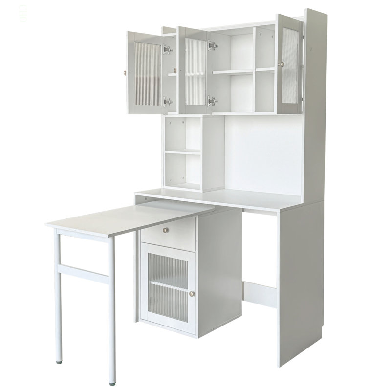 Bureau d'ordinateur avec porte en verre pour bureau à domicile ou bureau d'étude, bibliothèque et huche, bureau d'ordinateur avec bureau rotatif à 90 degrés, grand espace de travail