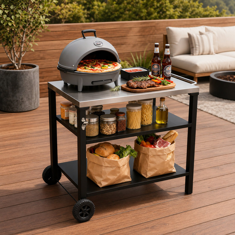 Chariot de barbecue extérieur à 3 niveaux avec plateau en acier inoxydable et roues