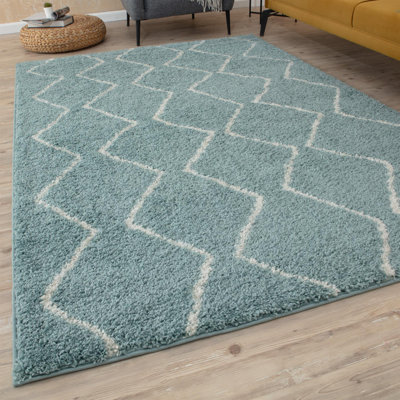 Moroccan Shaggy Collection Rugs Boho Design in Duck Egg Blue/Ivory