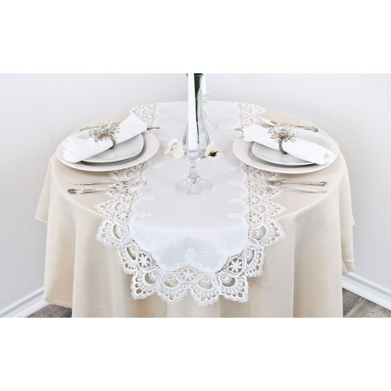 Colfontaine White European Lace and Antique Jacquard Fabric Table Runner, 44" x 16"