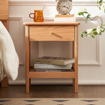 Table de chevet, table de chevet en bois de chêne massif avec tiroir et tablette ouverte, table de chevet moderne avec poignée en laiton et glissière en bois, petite table d'appoint pour chambre à coucher, salon