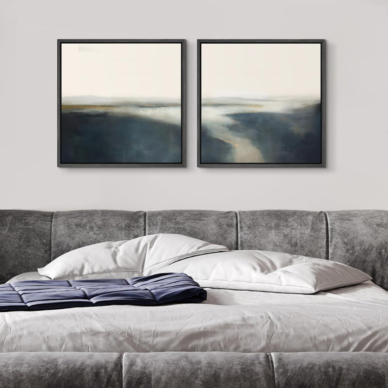Ensemble de 2 paysages encadrés sur toile marine et gris marine, H 16 po x l 16 po, Black Floater Framed