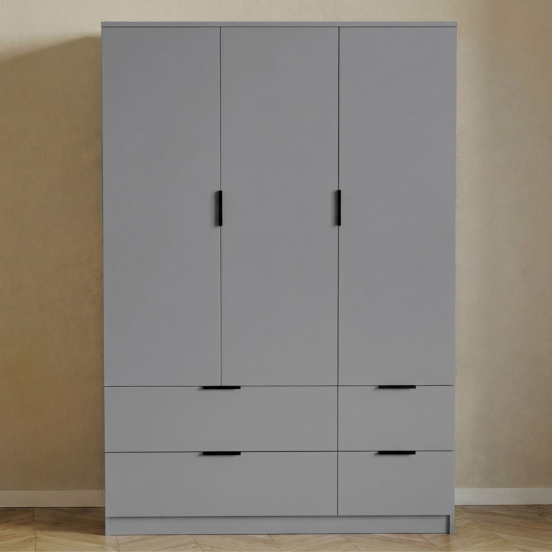 Modern 3 Door 4 Drawer Wardrobe with Hanging Space for Bedroom Storage & Organisation, Grey