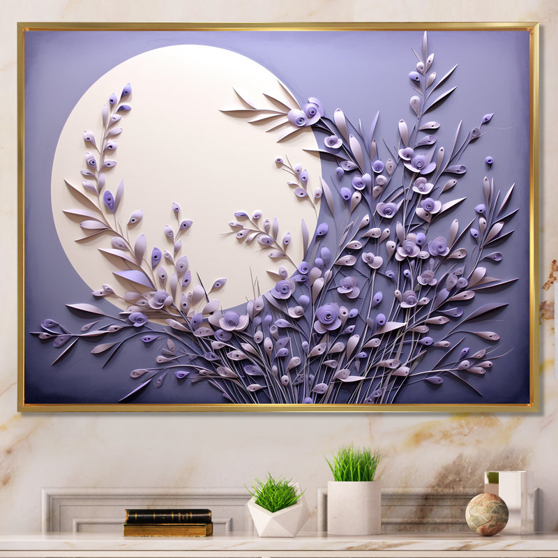 Lavande Luminescence Moon Stilness - Art mural lune, H 34 po x l 44 po x P 1,5 po, Cadre flottant doré