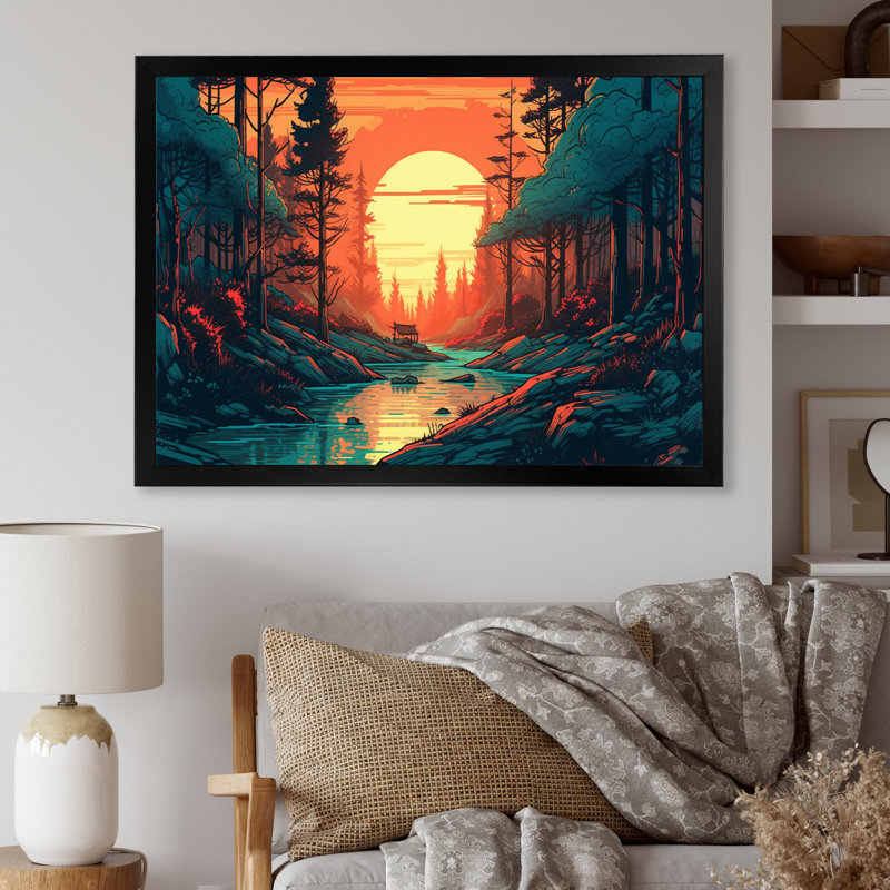 Beautiful Sun Setting Over Trees III " Beautiful Sun Setting Over Trees III ", Black Picture Framed, 12" H x 20" W x 1" D