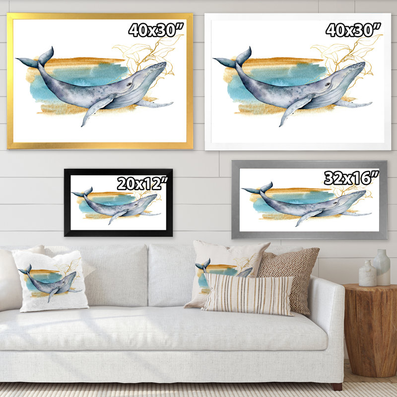 Baleine bleue sur fond blanc - Peinture sur toile, H 12 po x l 20 po x P 1 po, Cadre photo blanc