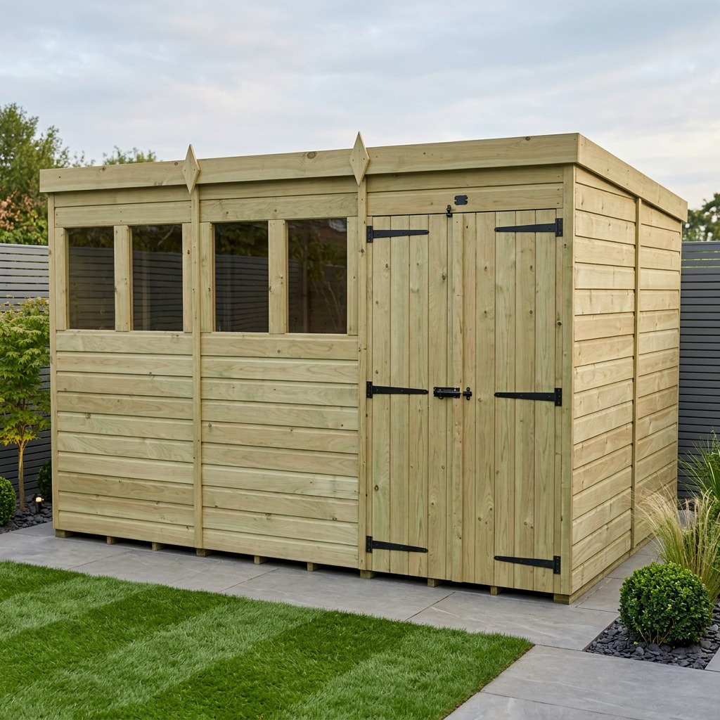 Total Sheds 12ft x 7ft Pent Garden Shed - Double Door - With Windows - Pressure Treated Timber - UK Manufactured