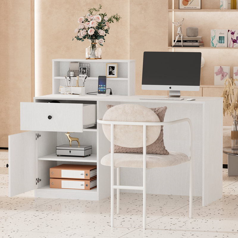 Ebern Rectangle Wood Reception Desk, Beveled Front Desk With LED Lights, Filing Cabinet and Power Outlet