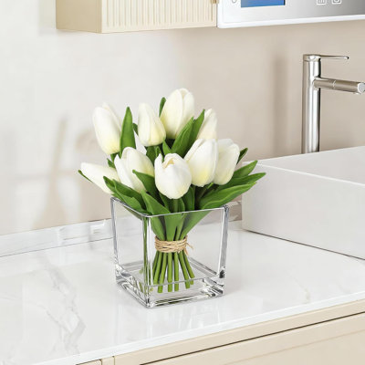 White Mini Real Touch Tulips With Glass Vase, 12-Head Faux Flower Centerpiece