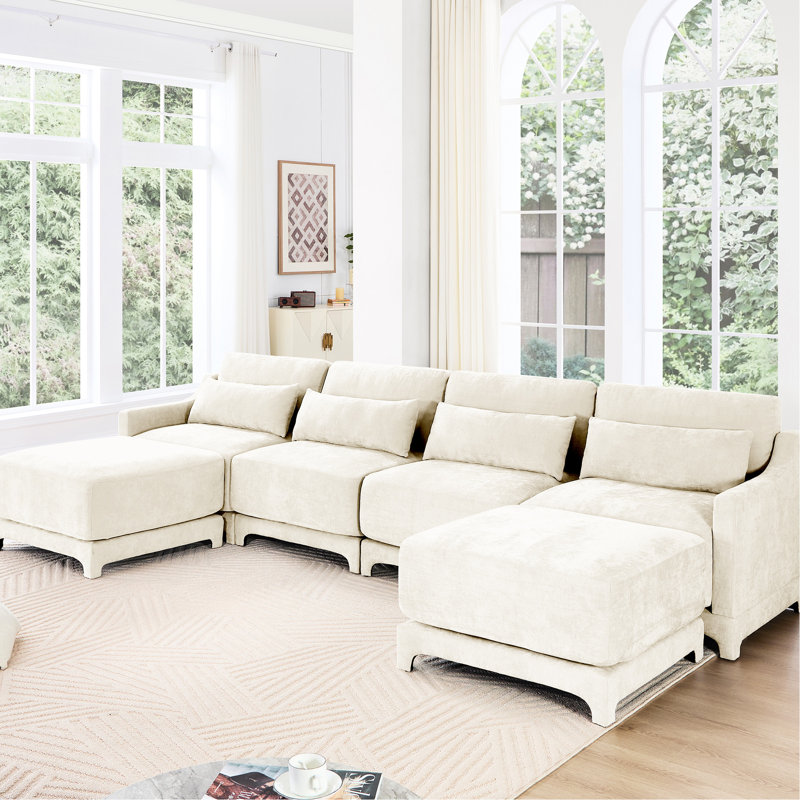 Beige à quatre places revêtu de chenille, avec coussin lombaire mobile, structure en bois, ergonomique, éponge et configuration flexible avec revêtement en chenille, forme, rembourrage résilient,