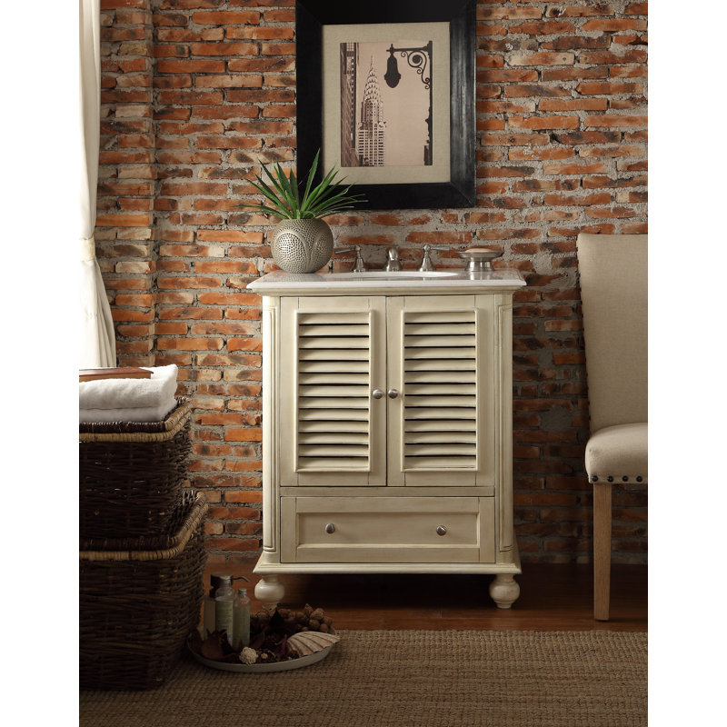 30'' Single Bathroom Vanity with Marble Top, Distressed Cream