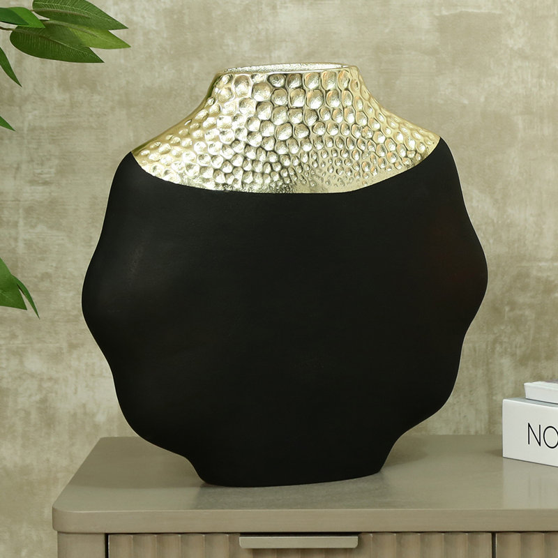 Alaunah Metal Table Vase for Living Room Decoration, Modern Black & Gold Textured Ginger Vase Home Decor