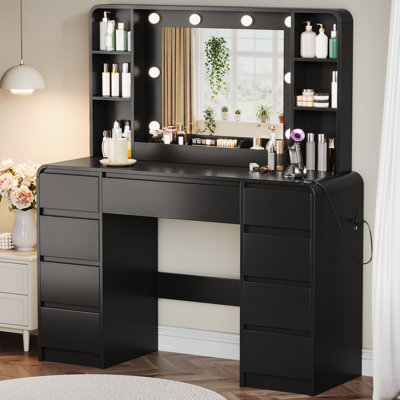 Meuble-lavabo noir moderne 44,9 po avec miroir lumineux, station de charge intégrée, 9 tiroirs et tablettes réglables