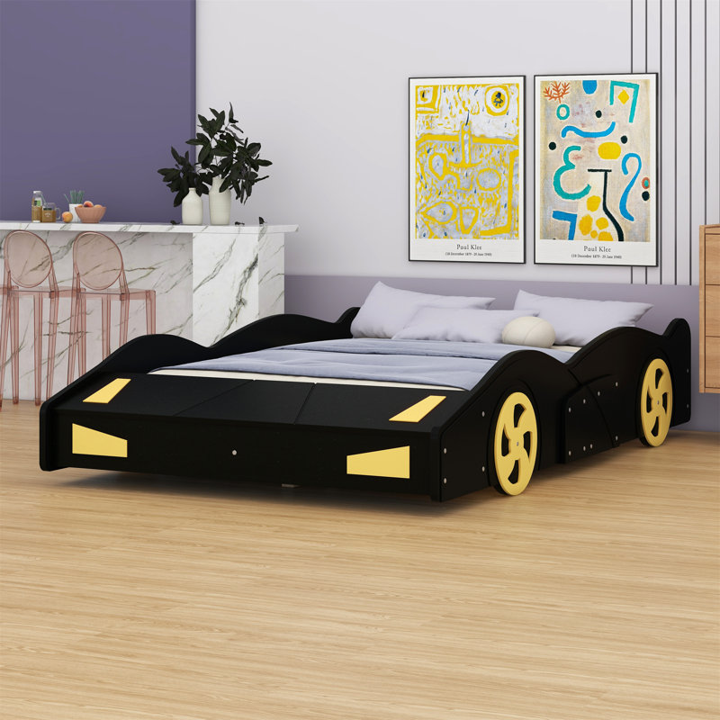 Lit plateforme avec roulettes et rangement Race, Lit double, Noir / Jaune