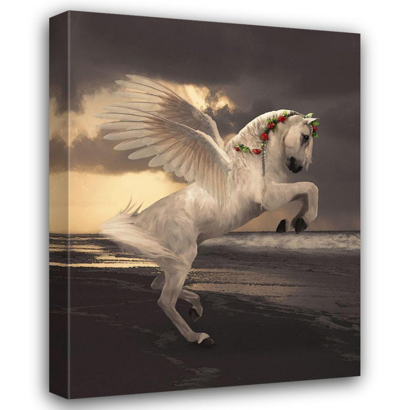 Trinx Babette Gallery Wrapped Canvas Art Titled: Pegasus With Roses, 47" H x 36" W