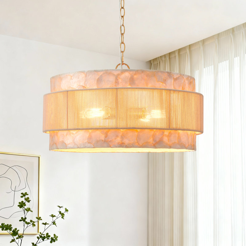 Costal Adjustable Seashell Pendant Light With Cotton Rope Shade, 53" H x 22" W x 22" D