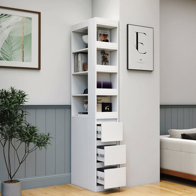 White 4 - Tier Shelf 71.14" H Display Storage Cabinet With 3 Side Drawers And Small Shelves For Ideal In Office Living Room Home Areas