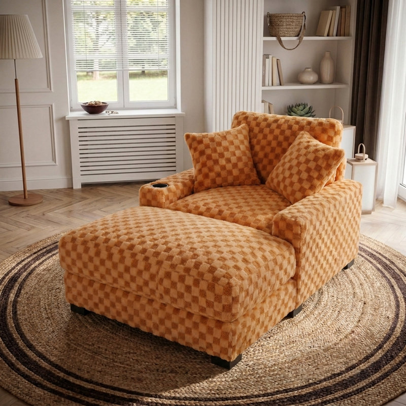 Chaise longue inclinable à motif de losanges moderne avec ports USB, porte-gobelet et coussins, Orange