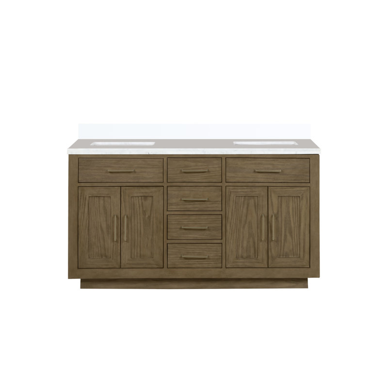 60" Double Bathroom Vanity Set, Gray Oak, White Quartz