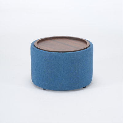Blue Linen Upholstered Round Ottomans, 2 In 1 Nesting Design For Space, 41 Function As Footstool, Coffee Table, Bench & Storage, Frame And High Foam, Easy To Clean Compact Foam Maintain