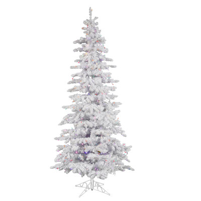 7.5' Flocked White Spruce Christmas Tree with 550 LED Multicolored Lights with Stand