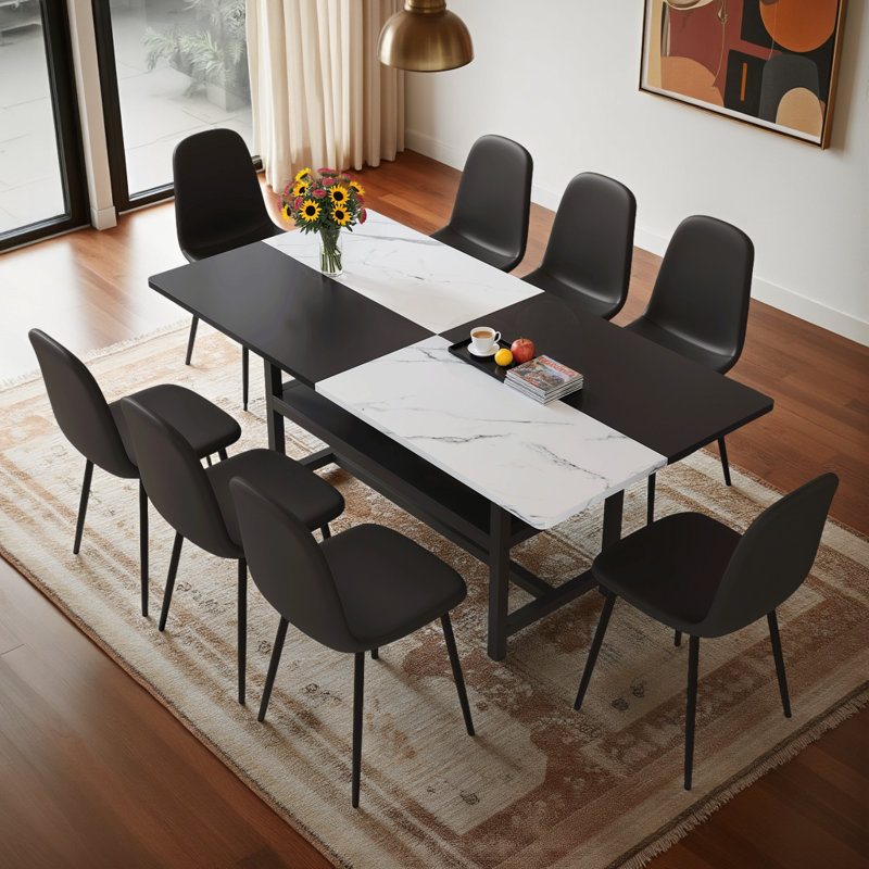 Table de salle à manger 71 ", ensemble de table de salle à manger noir avec tablette de rangement, 9