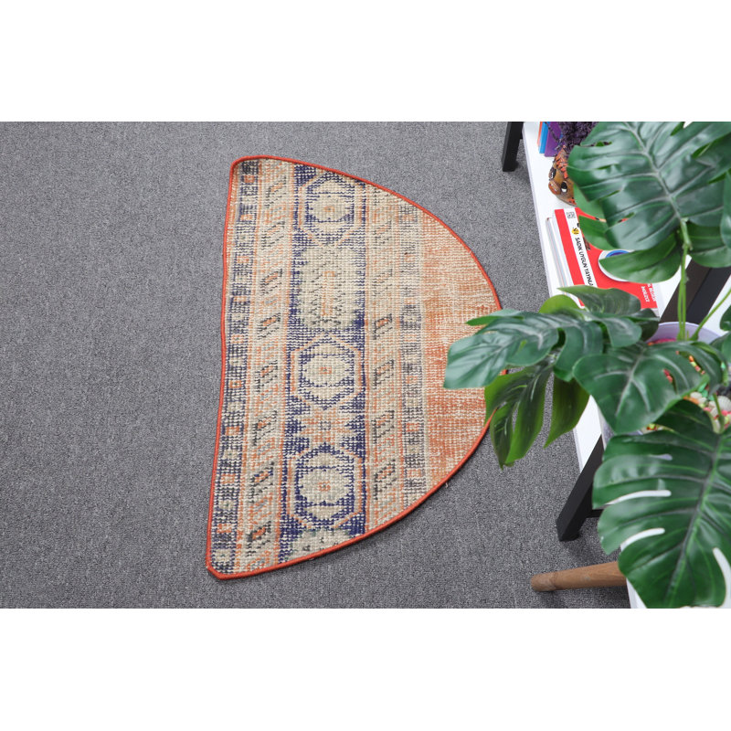 Vintage Round Turkish Oushak Rug in Small Size Ideal As Modern Bath Mat or Entryway Accent in Muted Orange Tone