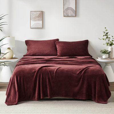 4 draps pour grand lit bordeaux 100% ultra doux et douillet brossé des deux côtés Draps-housse plats lavables à la machine 2 taies d'oreiller