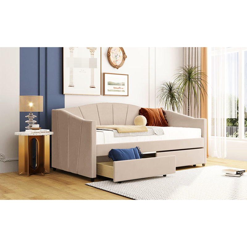 Twin Daybed With Two Drawers In Beige Velvet - Enhance Your Bedroom Luxury And Function Soft Upholstery A Versatile Piece For Home