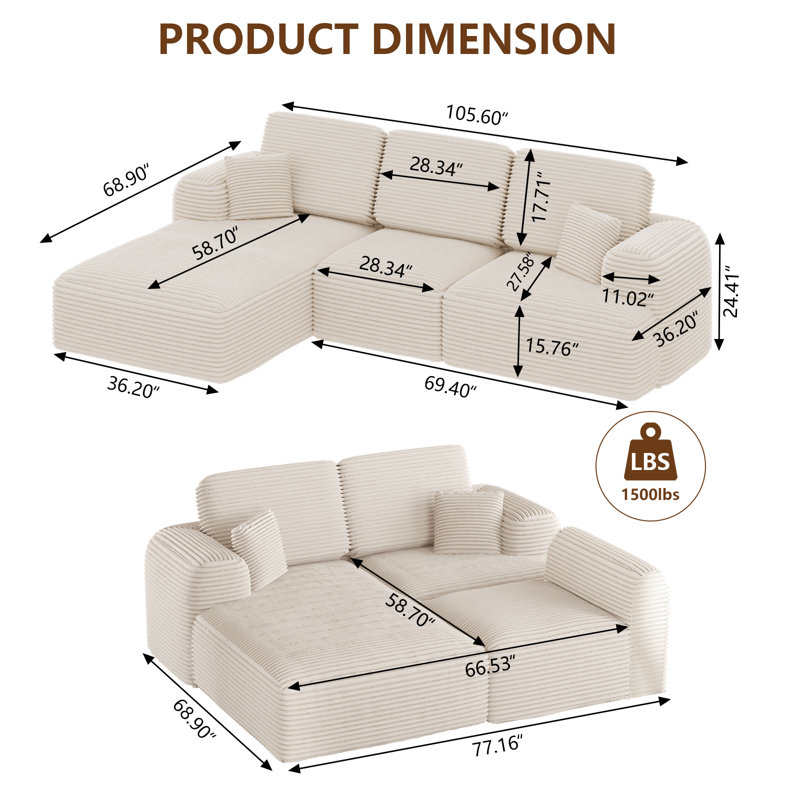 Canapé modulaire rembourré 3 pièces avec coussin 3 pièces, aucun assemblage requis, Orienté à gauche (vu de face), Beige