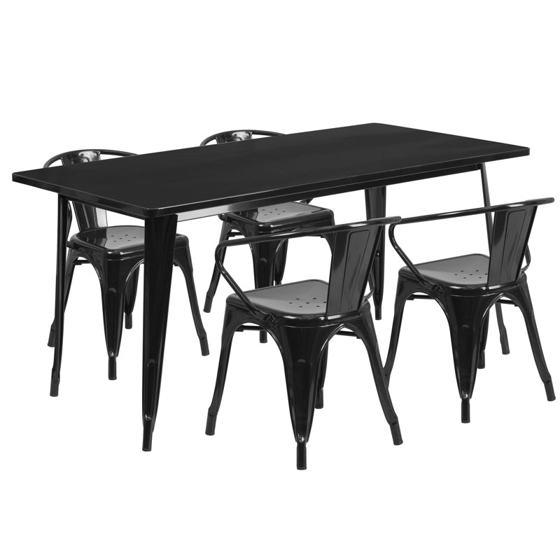 Ensemble de table rectangulaire intérieur / extérieur en métal 31,5 po x 63 po Lubron avec 4 fauteuils, Noir, 5