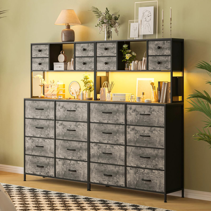 12 Drawer Fabric Dresser with LED Lights, Power Outlet & Open Shelves, Wood Top Metal Frame, Gray