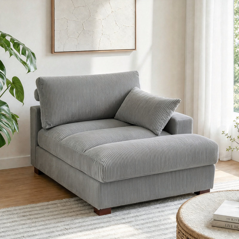 Chaise longue surdimensionnée en velours côtelé gris clair avec accoudoirs et coussins décoratifs Bentura, Orienté à droite
