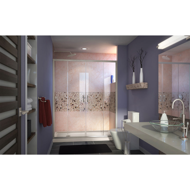 Visions 74.75" H Semi-Frameless Shower Enclosure, Left, Brushed Nickel/Biscuit