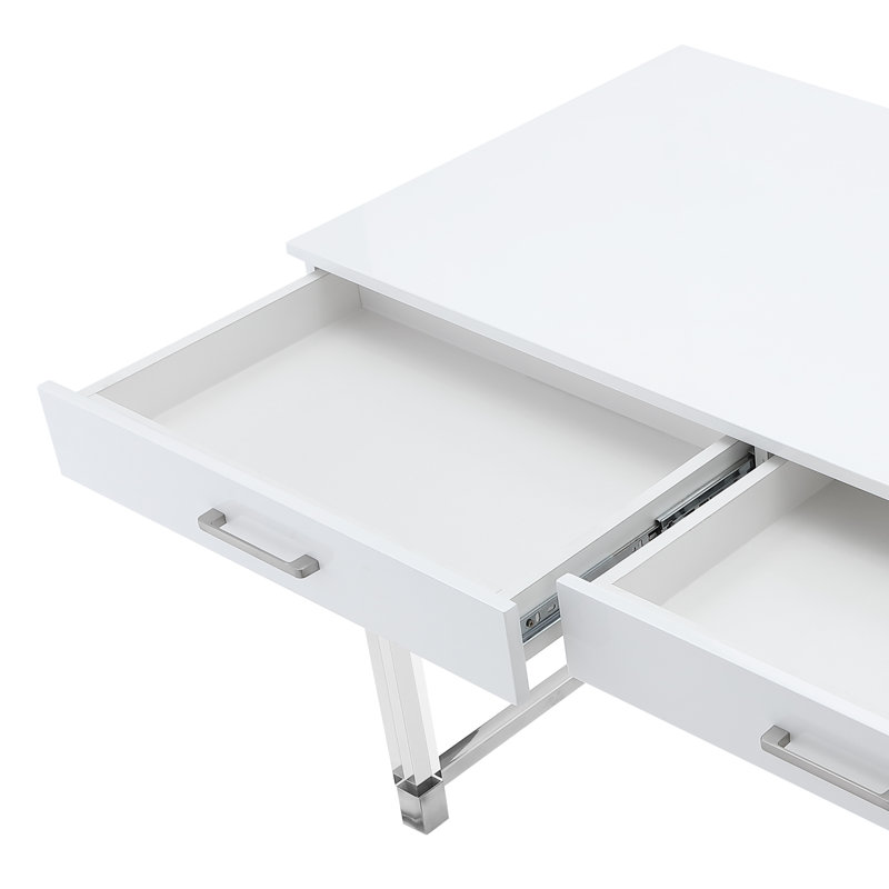 Bureau d'écriture 2 tiroirs avec pieds en acrylique et base en acier inoxydable Ungar, Blanc / Chrome
