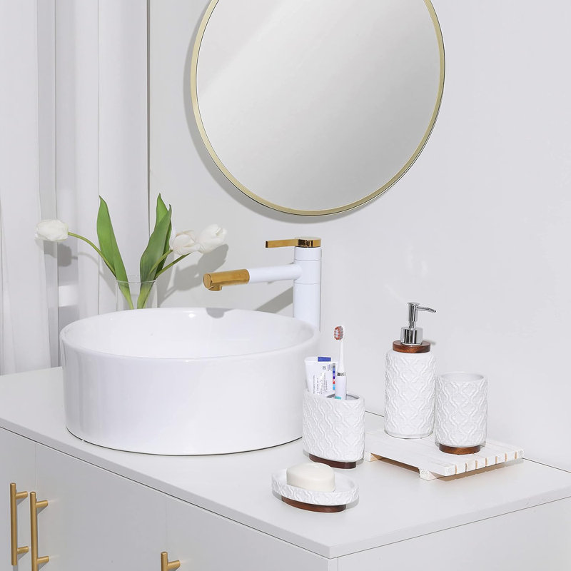 Ceramic And Wood Bathroom Accessory Set