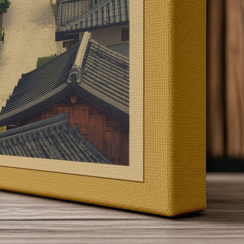 Mountain Over Settlement Japandi - Wrapped Canvas, 30x20 - 76.2 x 50.8 cm, Ochre Border