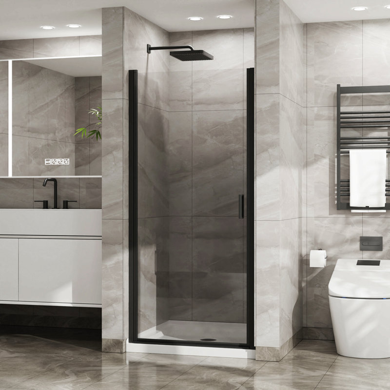 Combinaison de porte de douche pivotante avec base de douche en acrylique blanc 35,4 po, finition aluminium, conception en verre trempé semi-sans cadre