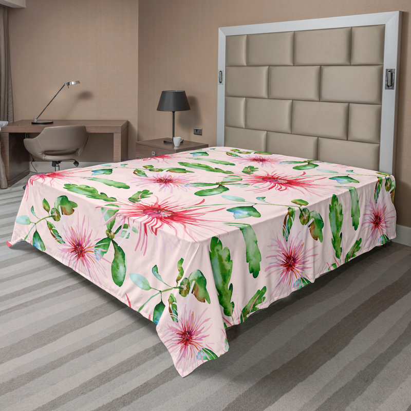 Drap plat Ambesonne Jungle Boho Chrysanthemum Leaves, Drap plat pour taille de lit très grand californi