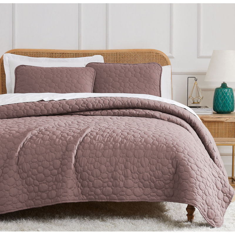 Pebble Quilted Lightweight Prewash Microfiber Quilt Set, King Quilt + 2 King Shams, Muted Mauve