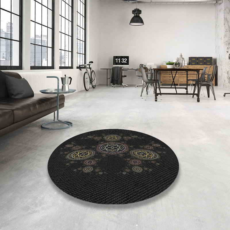 Tapis noir/brun à motifs, Rond 4 pi