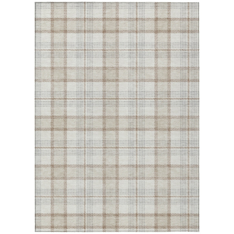 Ivory and Beige Plaid Machine Washable Indoor/Outdoor Rug