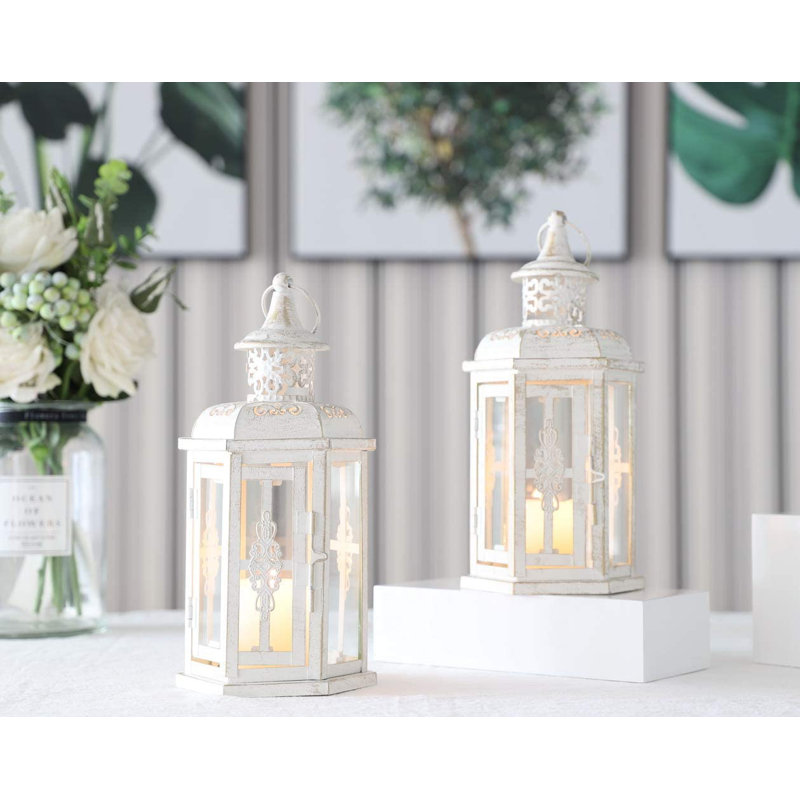 10 Inch High Vintage Candle Lantern Metal Candle Holder, White