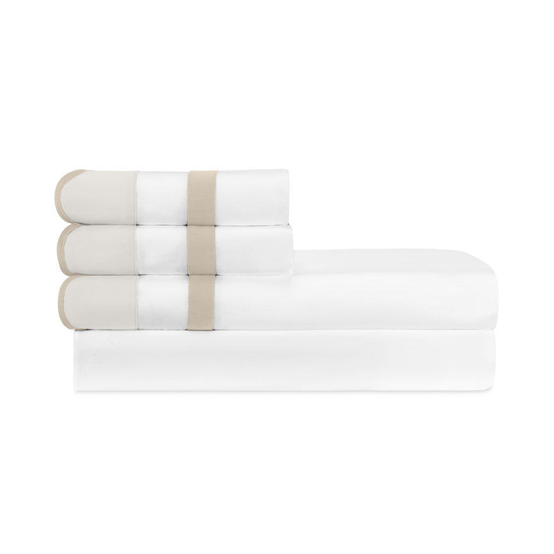 Portofino Sateen Sheet Set, Cal.King Sheet Set + 2 Pillowcases, White/Oyster/Sable